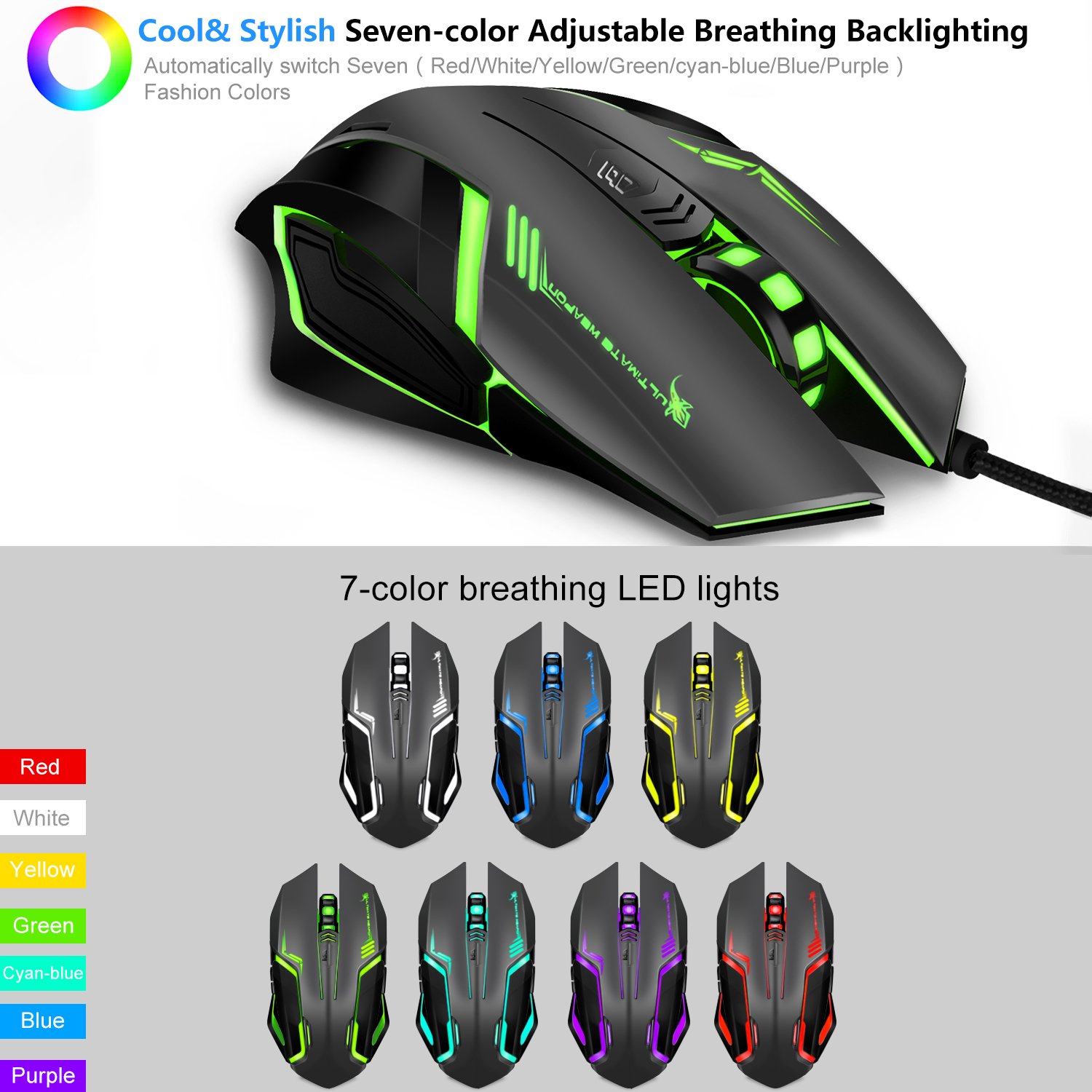 Gaming Mouse, LDesign 3200DPI Wired Gamer Mice ACC Optical Ergonomic with 4 Adjustable DPI Switch, 7-Color Breathing Light, High Accuracy Computer Mice Plug and Play (Grey/Black)