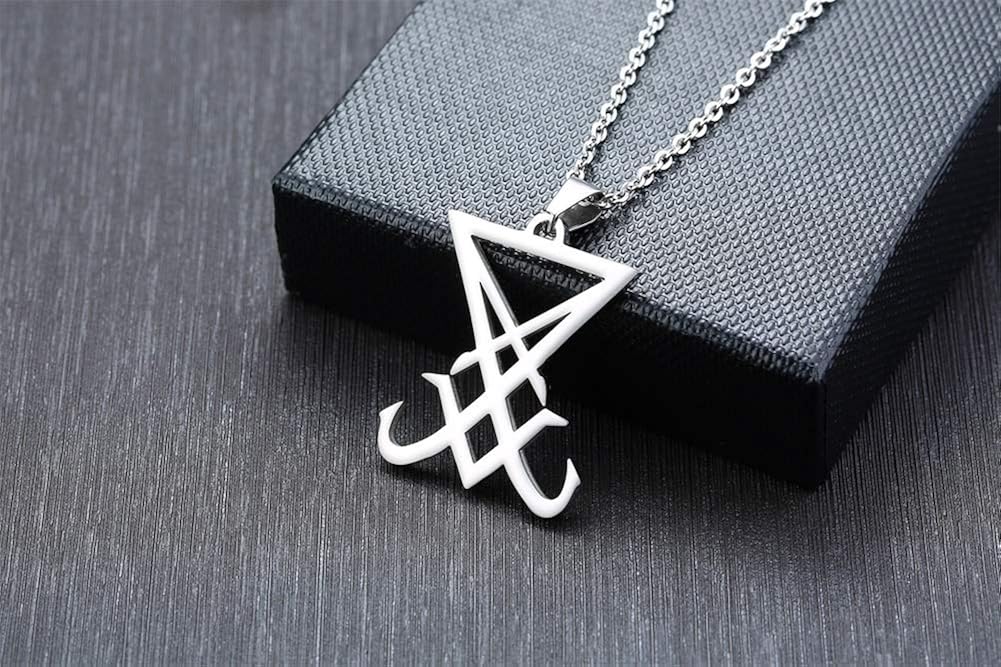 Sigil Of Lucifer Necklace : Satan Satanic Symbol Pendant Necklace Goth Gothic Witch Seal of Lucifer Alchemy Symbolic Present with 24" Curb Chain for Men Gifts for Halloween Christmas Colour Silver - Image 5