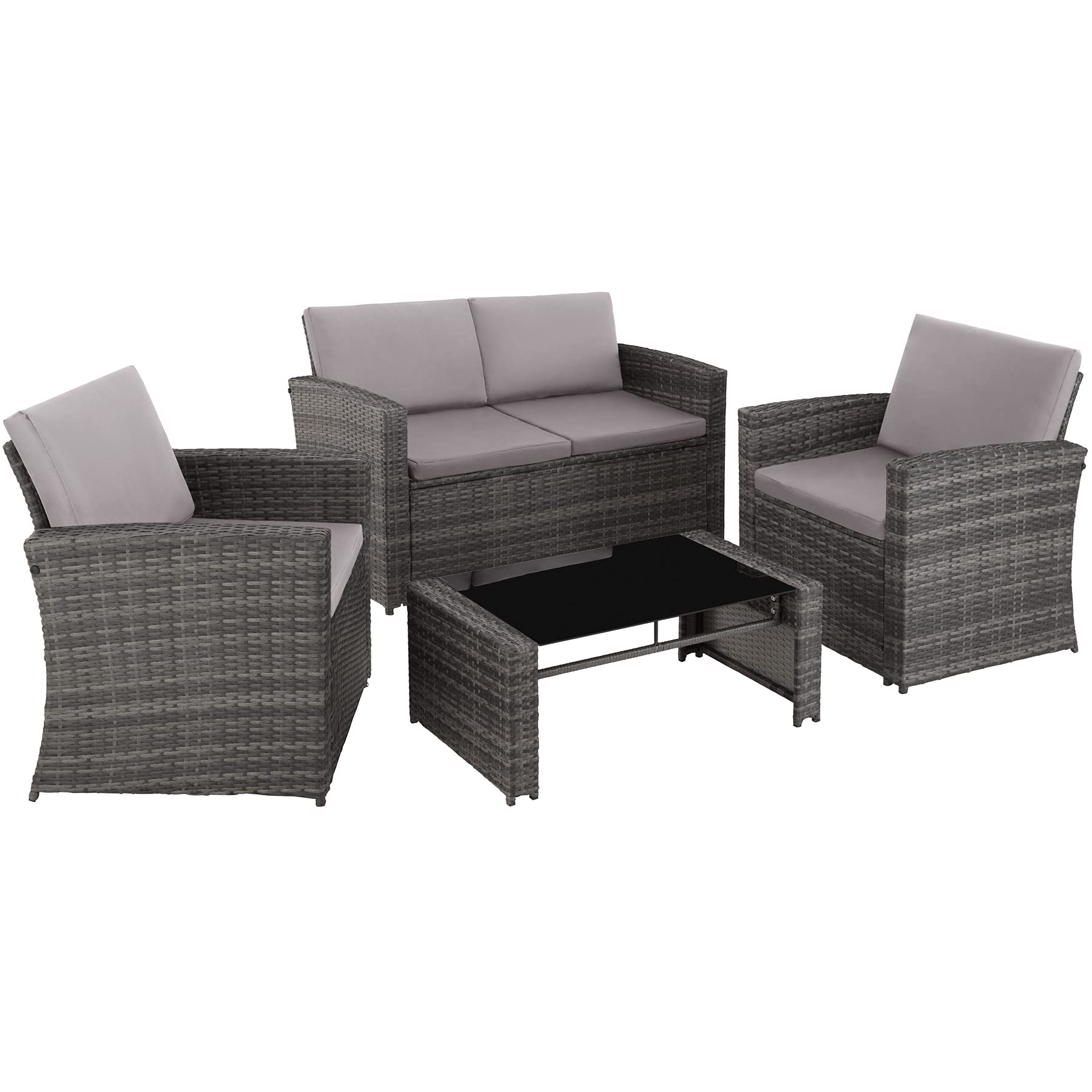 TecTake-800905-Conjunto-de-Ratan-para-4-Personas-2-Sillones-1-Sofa-1-Mesa-Tablero-Cristal-Incluye-Cojines-y