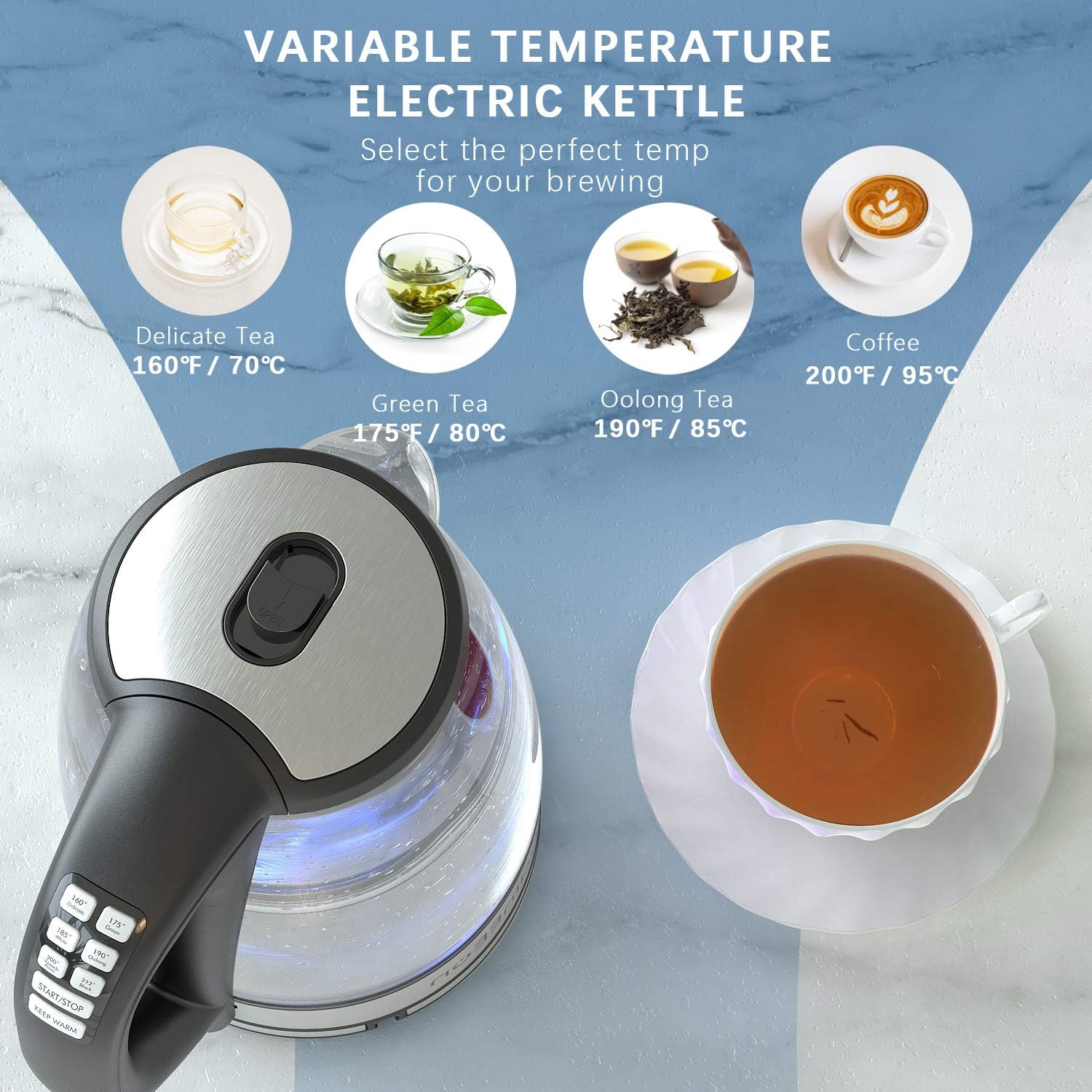 HadinEEon Variable Temperature Electric Kettle, 1200W Electric Tea Kettle, 8 Big Cups 2.0L Glass Electric Kettle with 4Hrs Keep Warm Function & Boil-Dry Protection: Kitchen & Dining