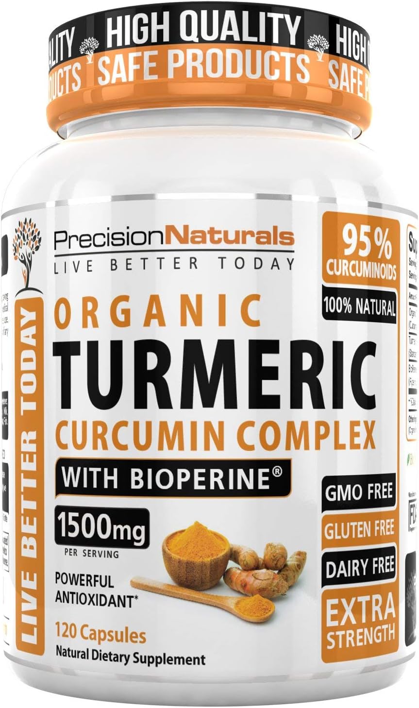 Organic Turmeric Curcumin with Bioperine. 1500mg/serving Highest Potency Available. Premium Pain Relief & Joint Support w/ 95% Standardized Curcuminoids. Non-GMO, Gluten Free Capsules w/Black Pepper