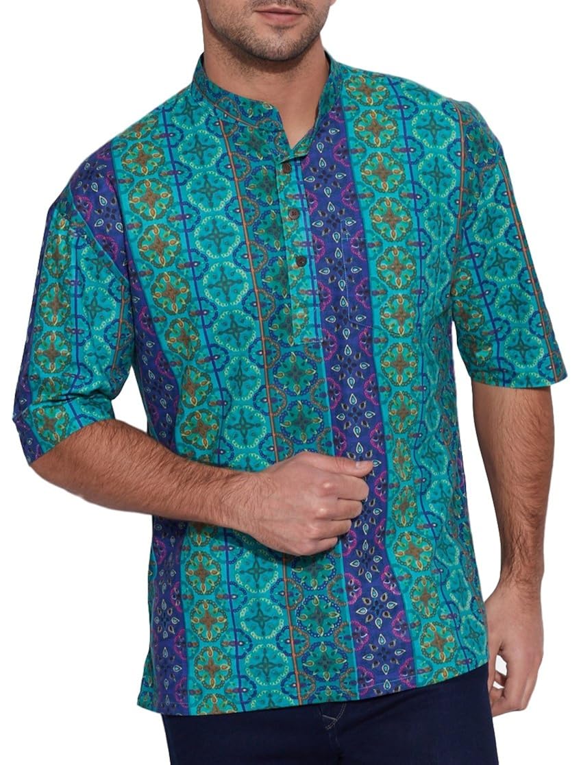 shalinindia men cotton printed short kurta mandarin collar half sleeves front pocket for friends