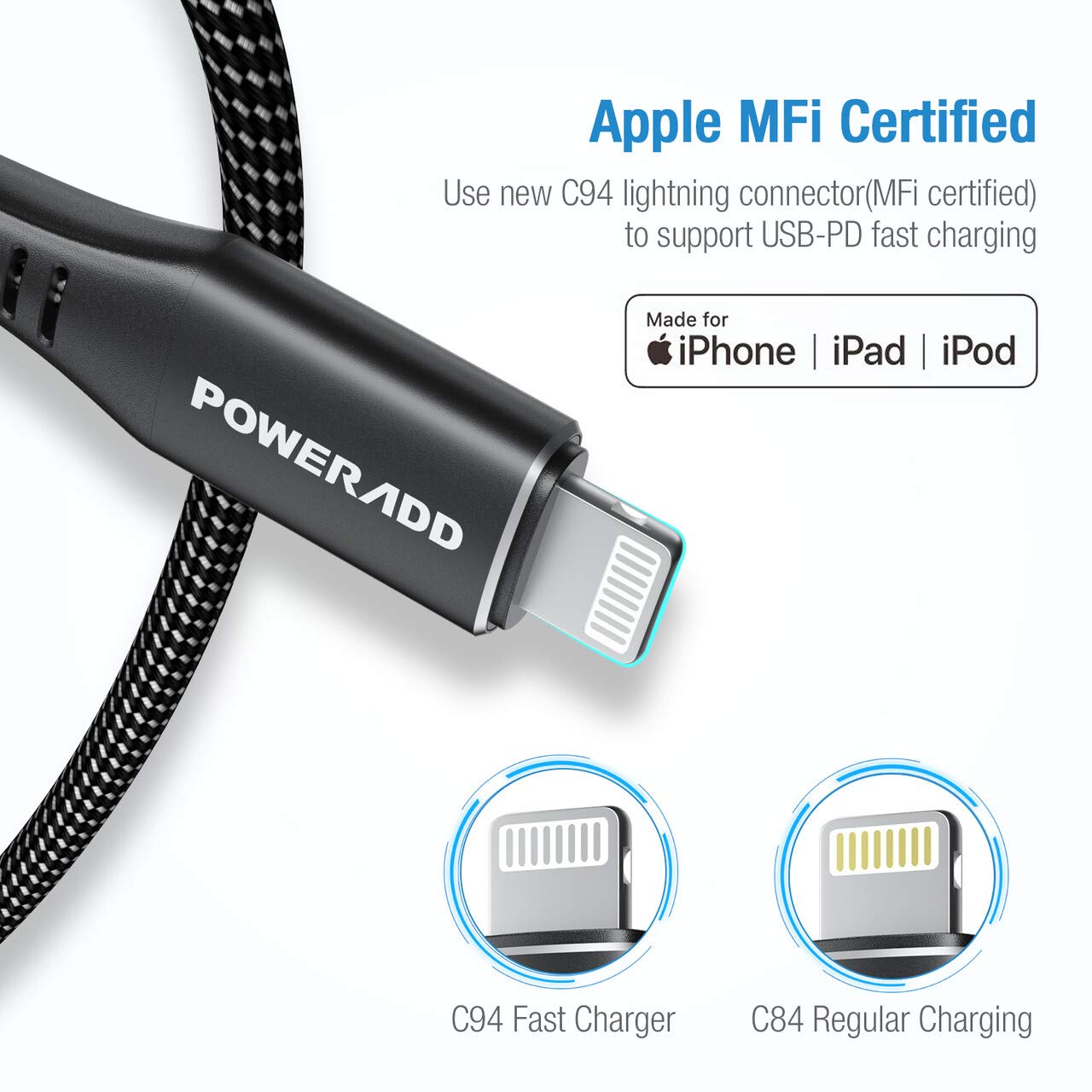 POWERADD USB C to Lightning Cable 3.3ft [Apple MFi Certified] Nylon Braided Fast Charging and Sync Cord for iPhone Xs Max/XS/XR/X/8 Plus/8, MacBook, iPad and More(Support Power Delivery)