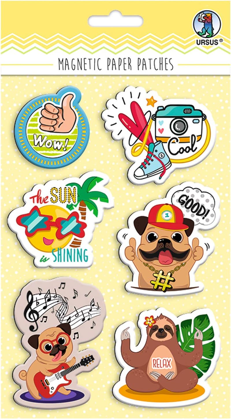 Ursus 43010002 Magnetic Paper Patches Funky, for Marking Decorating and Design, 6 Different Designs, Height 3.5-7.5 cm, Multi-Coloured