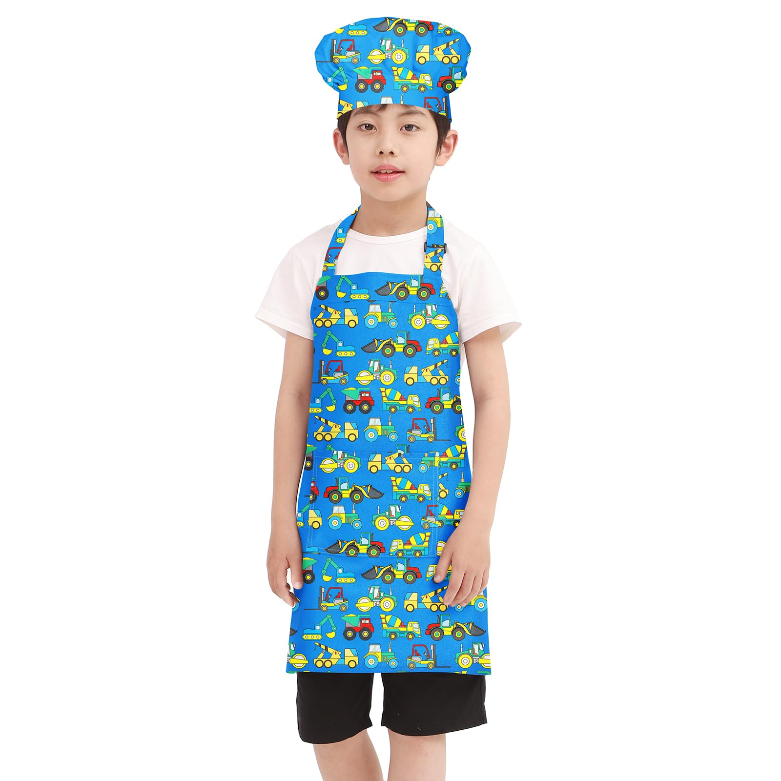 BIGHAS Kids Apron Chef Hat Adjustable Neck Strap Hook and Loop Fastener Design Waistband for Baking, Painting, Cooking (Blue-engineering vehicle, (3'3"-3'11") S)