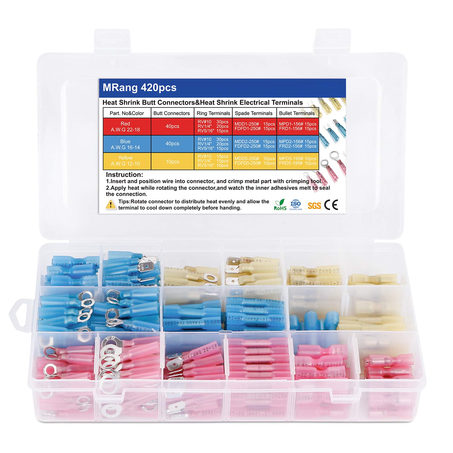 420PCS Heat Shrink Wire Connectors Waterproof Insulated Electrical Terminals Kit Marine Automotive Crimp Connector Assortment Ring Spade Butt Splices