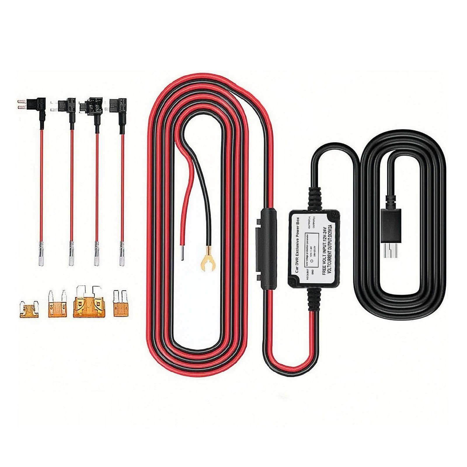 Aofan Dash Cam Hardwire Kit - Micro USB Port with 4 Fuse Types ACU/ACN/ACZ/ACS for Dash Cam, GPS Navigator, Radar Detector， DC12V - 24V Input to 5V Output
