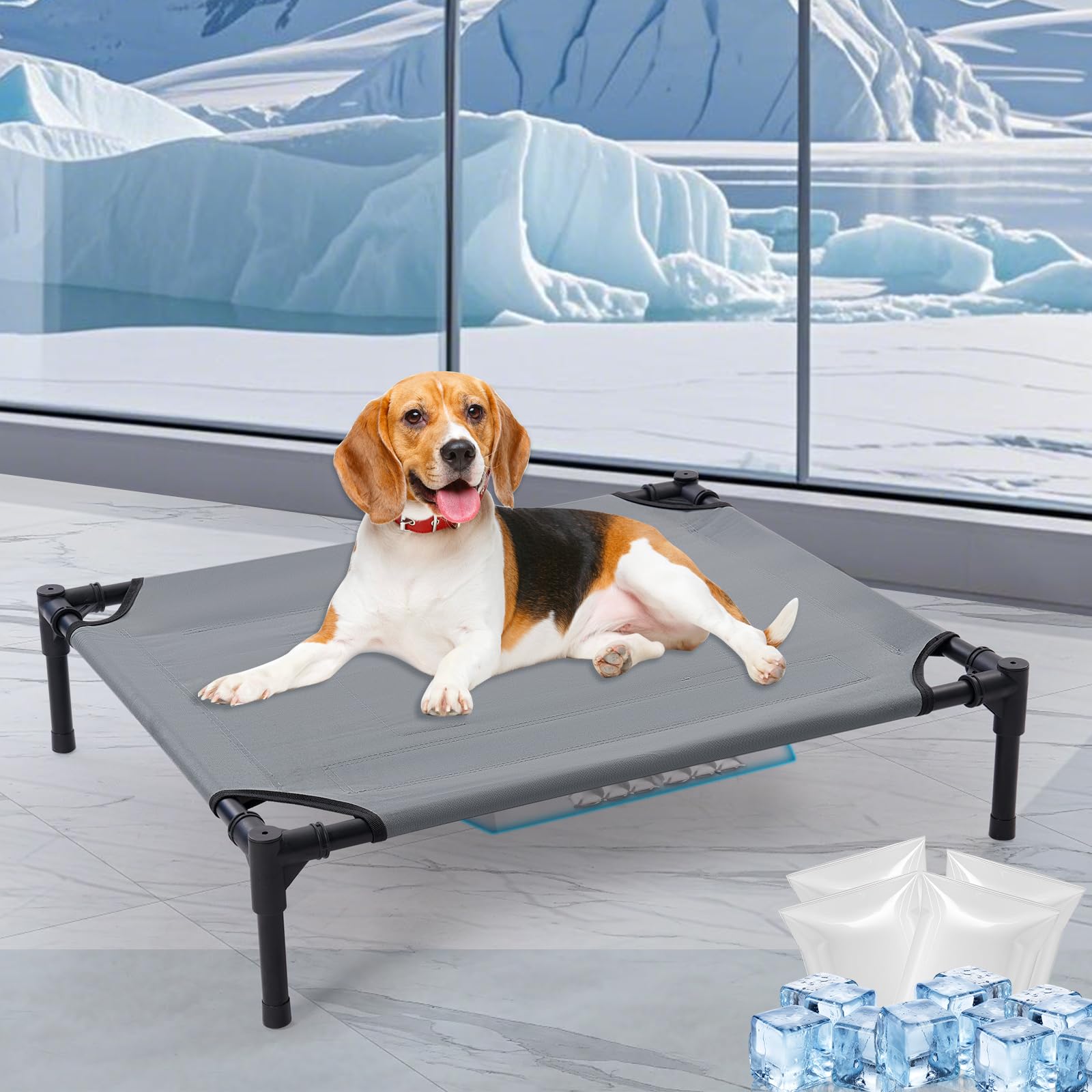 Photo 1 of 30'' Outdoor Elevated Dog Bed with Four Ice Pack, Raised Dogs Bed with No-Slip Feet, Breathable Cooling Dog Cot Beds Small Medium Size Dogs, Outdoor Pet Hammock Beds, Outside Pet Beds(Small)