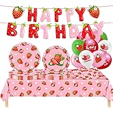 Strawberry Banner Balloons Plates and Napkins Tablecloth Set for Baby Shower Strawberry Theme Birthday Party Décor Fruit Party Decorations Supplies