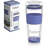 Tupkee Double Wall Glass Tumbler - 14-Ounce, All Glass Hand Blown Reusable Insulated Tea/Coffee Mug & Lid, Travel Mug - Jacaranda