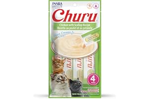 INABA Churu Cat Treats, Grain-Free, Lickable, Squeezable Creamy Purée Cat Treat/Topper with Vitamin E & Taurine, 0.5 Ounces Each Tube, 4 Tubes, Chicken with Scallop Recipe