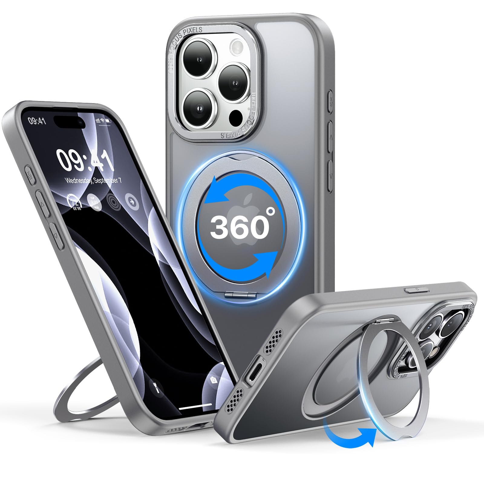 Photo 1 of QTlier case for iPhone 360 Rotatable Ring Stand, Raised Camera Frame, Shockproof with MagSafe (Grey, 15pro-6.1 inch)