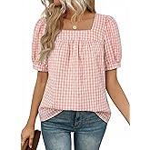 EVALESS Tops for Women Short Sleeve Tunic Blouse Square Neck Gingham Tops Cotton Blend Plaid Shirt Cute Checkered Shirt