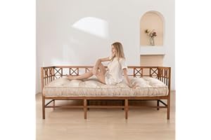 MAXYOYO 6“ Daybed Futon Mattress Window Seat Cushion, Beige, Velvet Thick Floor Futon Mattress, Long Cushion Sleeping Pad for Couch, Portable Roll Up Camping Mattress