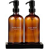Maisonovo Kitchen Soap Dispenser Set | Hand and Dish Soap Dispenser Set with Handmade Ceramic Vanity Tray and 16 Waterproof Labels | Amber Glass Bottles & Black Plastic Pumps