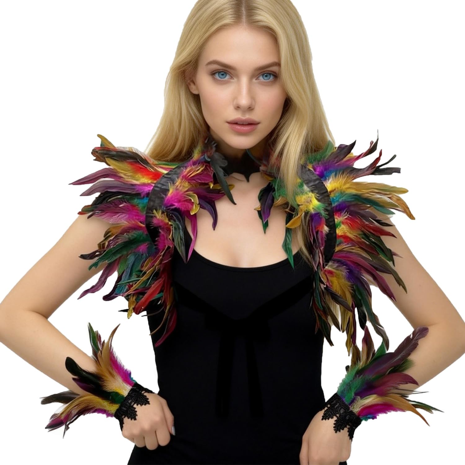 ITODA Gothic Feather Shawl with Wristband Crow Costume Natural Feather Cape Shawl Collar Feather Epaulet Shrug Poncho for Halloween Cosplay Party Evening Dress