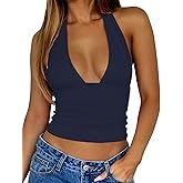 TiulZial Womens Backless Halter Tops Deep V Neck Sexy Crop Tank Top Open Back Sleeveless Slim Fit Y2k Summer Tops