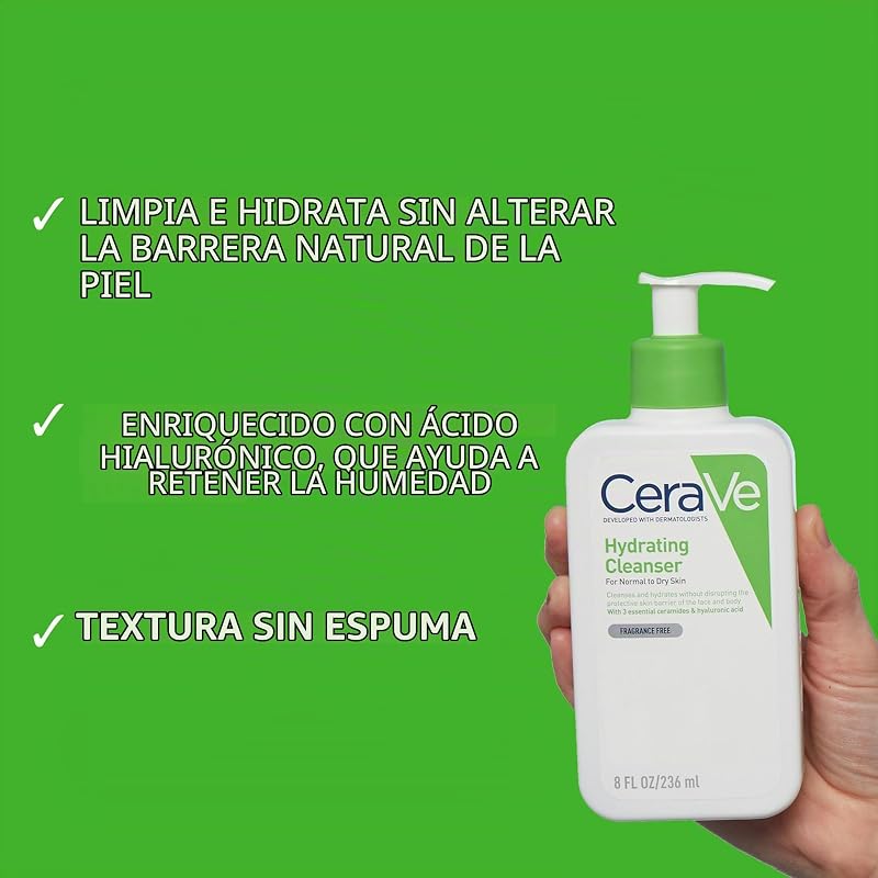 Loção de limpeza com hialuron, glicerina e três ceramidas essenciais, limpeza suave e hidratante, sem fragrância, 88 ml