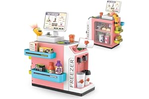Sotodik 46PCS Cash Register Playset for Kids Pretend Play Coffee Machine with Water Outlet Function, Mini Supermarket Grocery Store with Money, Scanner,Play Foods, Gift for Boys and Girls (Pink)