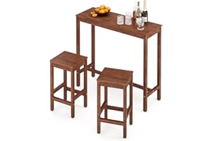 Cozyman 45 inch Bar Table and Chairs Set, Acacia Wood Pub Table with 2 Stools, Rectangular Counter Height Table Set for Dining Room, Kitchen, Living Room, Teak Brown