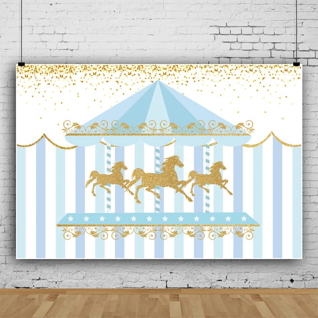 Bovlleetd 7x5ft Carousel Photography Background Cartoon Amusement Park Scene Blue Gold Carousel Backdrop Gold Sparkling Blue white Stitching Background for Baby Shower Party Banner