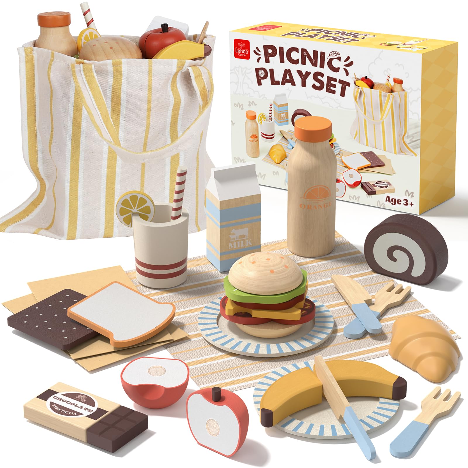 Lehoo Castle Wooden Play Food, Toy Food for 3 Year Old Girl Gifts, Wooden Picnic Toy, Toy Food Set for Kids Kitchen, Play Kitchen Accessories for Boy or Girl 3+