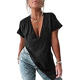 Tankaneo Womens Deep V Neck Short Sleeve T Shirts Summer Oversized Tshirts Casual Loose Fit Tunic Tops