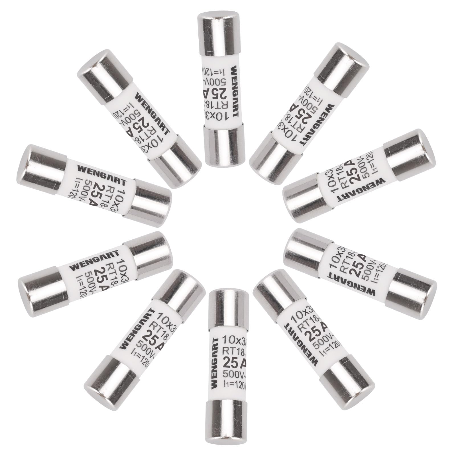 Wengart AC Cylindrical Fuse Link RT18-32 (RO15), AC500V 25A, 120kA, 10x38mm, 10 pieces, Strong Breaking Capacity, Can Reliably Protect The Circuit