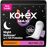 Kotex Overnight Maxi Pads with Wings, 26 Count (Packaging May Vary)