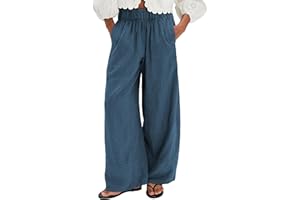 Ziqoty Women's Linen Wide Leg Pants Elastic Waist Summer Boho Palazzo Pants Beach Vacation Casual Trousers with Pockets