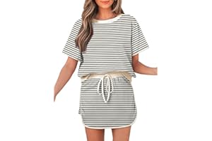 Opemiby Women's 2 Piece Sets Summer Casual Short Sleeve Tops and Matching Drawstring Skort Going Out Lounge Outfits