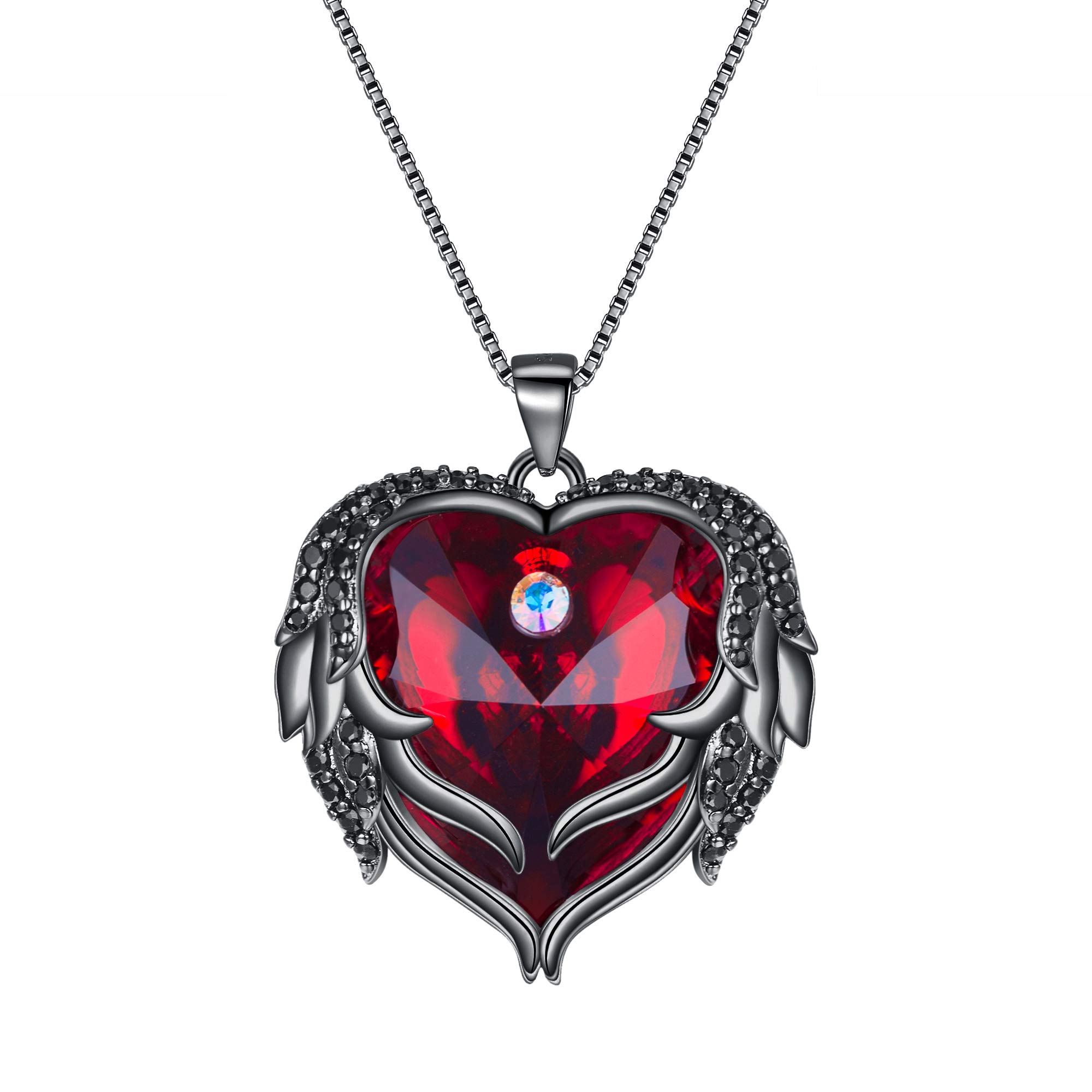 Ever Faith Angel Wings Heart Necklace for Women, Red Crystal Love Heart Pendant Necklace Mother's Day Jewelry Gifts for Mom