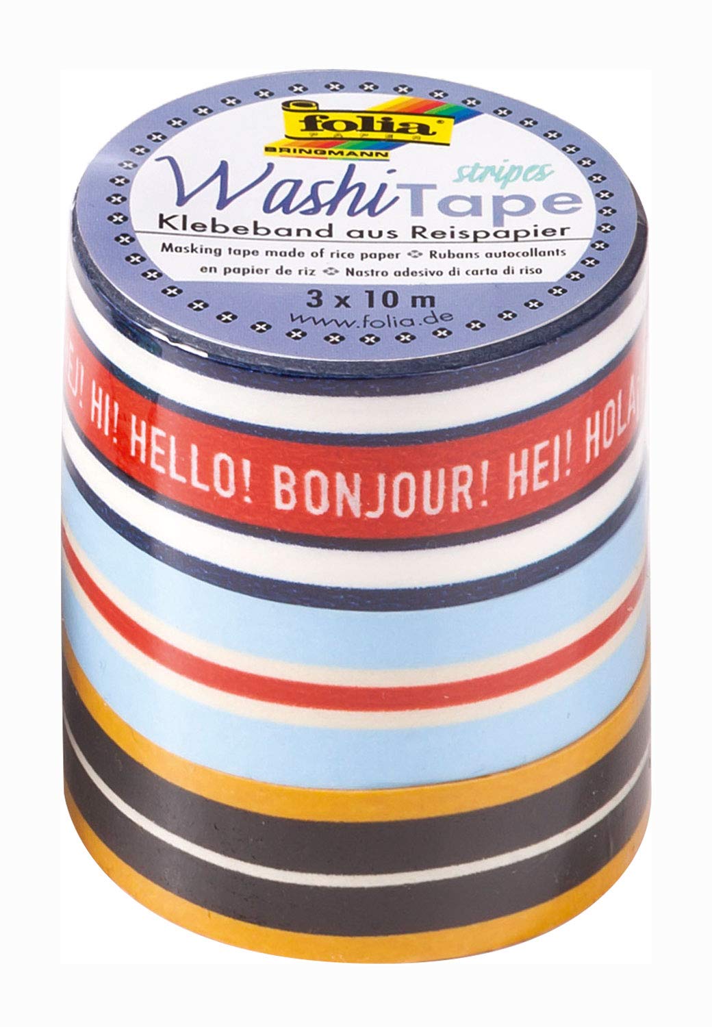folia 26445 Washi Tape Stripes Classic Tape Made of Rice Paper Set of 3 Ideal for Decorating and Decorating
