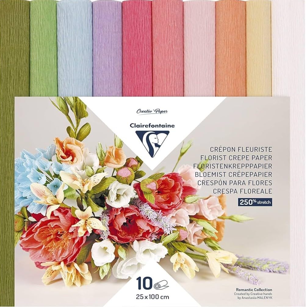 Clairefontaine 995000C 10 Rolls Crepe Florist Paper Format 25x100cm Elasticity 250% Grammage 160g Paper Flowers Beautiful Colours Ast 10 Pastel Colours, Pastels