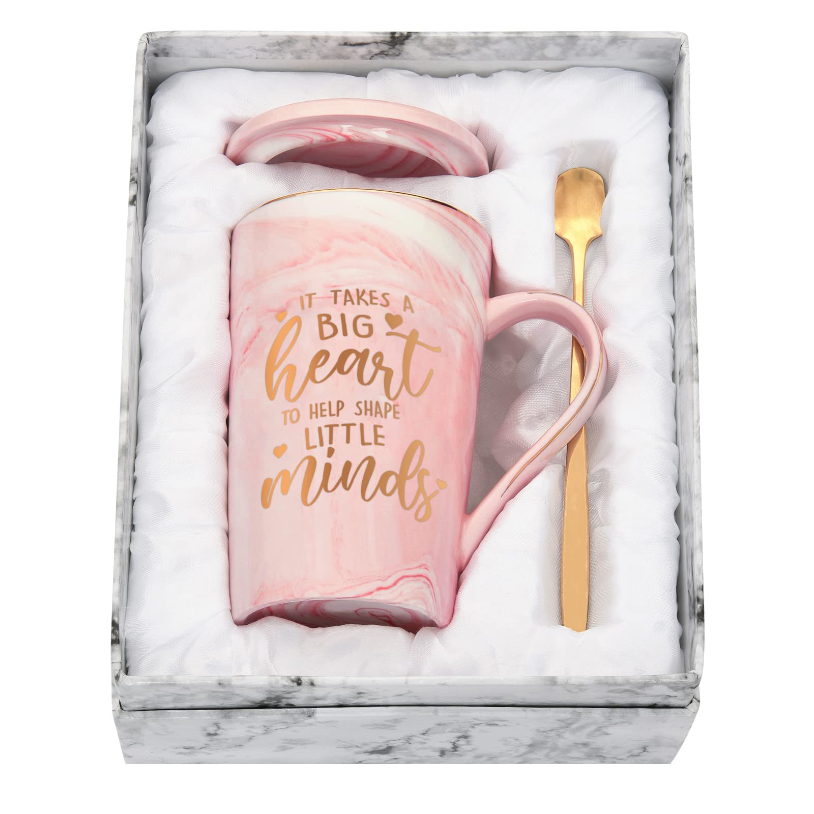 Joymaking Teacher Gifts for Women Appreciation It Takes a Big Heart to Shape Little Minds Coffee Mug Preschool 14Oz Pink Marble with Exquisite Box