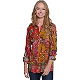 john mark Women's Scarf Print Button Front Top with Roll Tab Sleeves