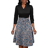 PerZeal Women's Casual Flowy A-Line Midi Dress Flared V-Neck Colorblock Print for Wedding Guest 3/4 Sleeve Dress with Belt