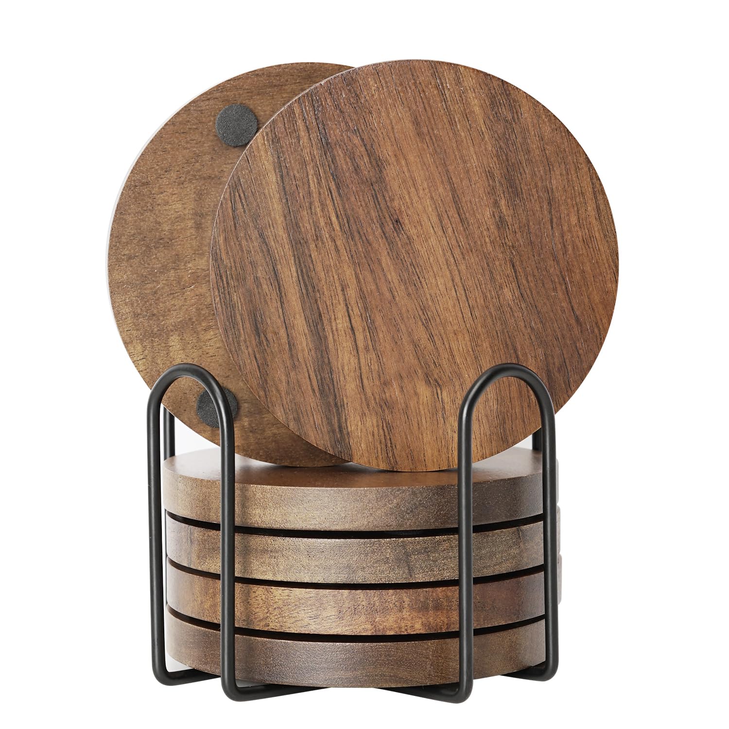 Acacia Wood Coasters for Drinks Round Coasters Set of 6, Wooden coasters with Holder for Glasses Drinkings Coffee Table Desk Tea Cups Coffee Mugs And Water Glasses Tabletop Protection