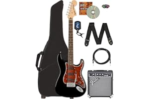 Fender Squier Affinity Stratocaster - Limited Edition Black, Bundle with Frontman 10G Amplifier, Gig Bag, Tuner, Instrument Cable, Strap, Picks, and Austin Bazaar Instructional DVD