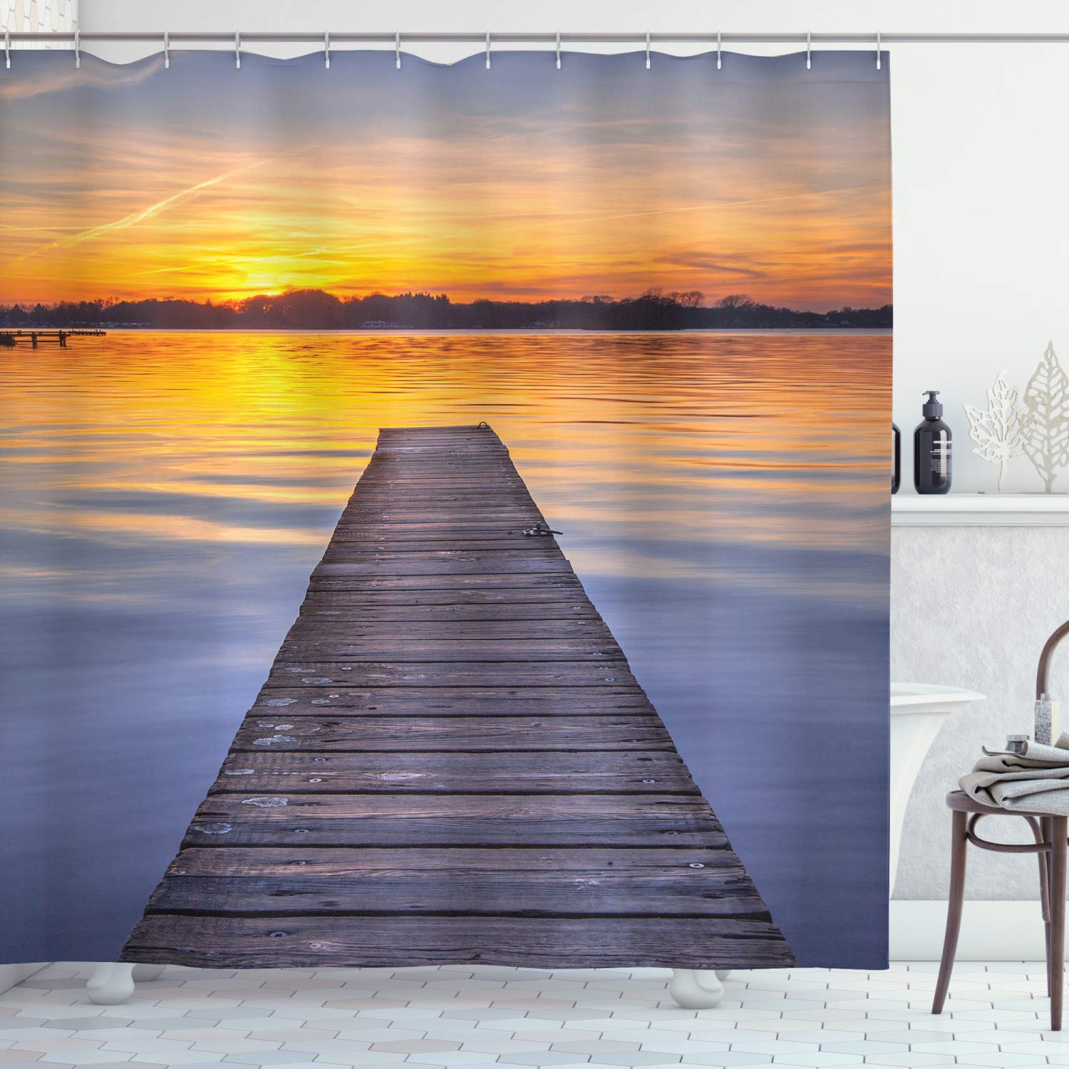 ABAKUHAUS Lake Shower Curtain, Summer Sunset over Serene Water of Lake Paterwoldsemeer with Wooden Jetty, Cloth Fabric Bathroom Decor Set with Hooks, 94 Inches, Orange Blue Grey Umber โ image 1