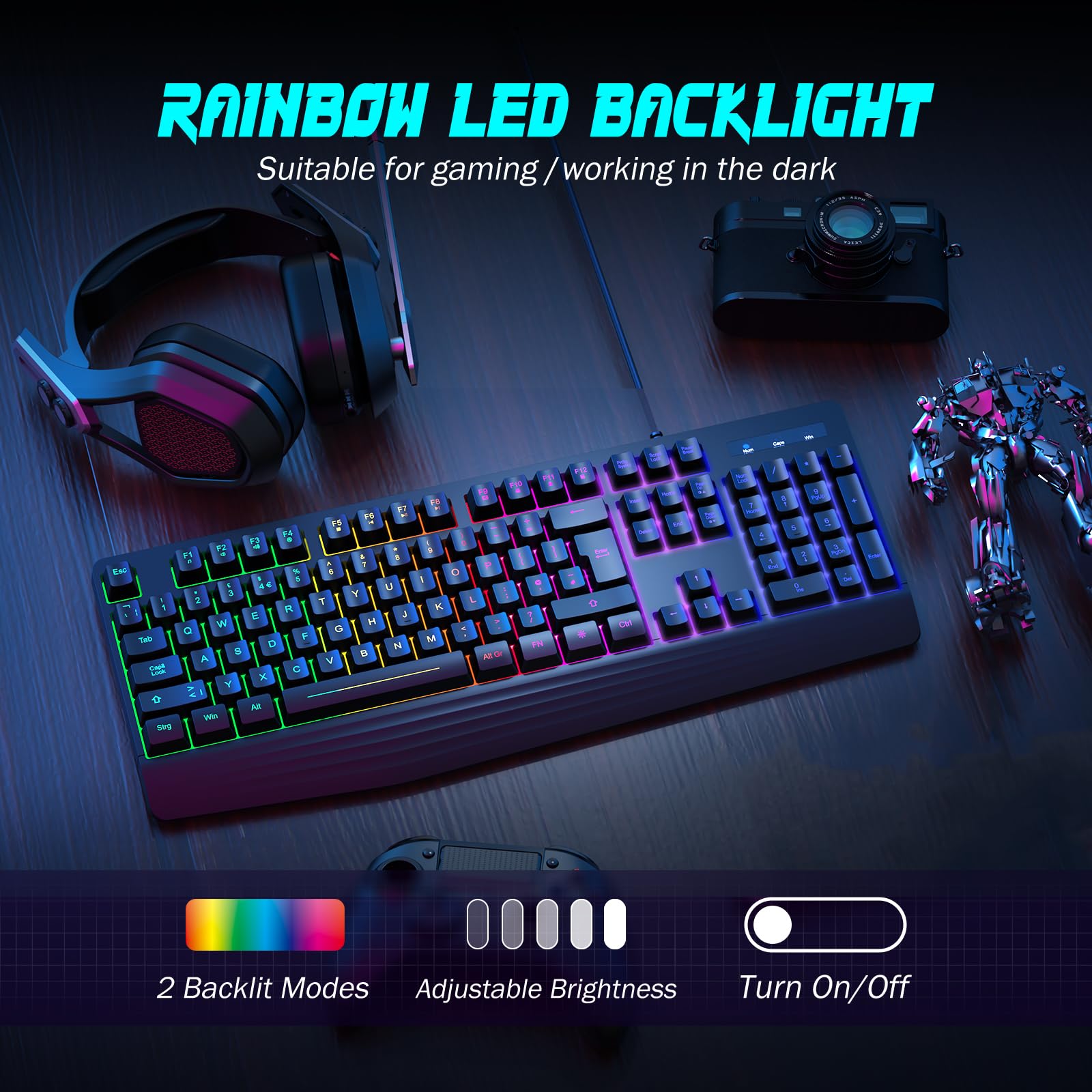 yesbeaut Gaming Keyboard, 7-Color Rainbow LED Backlit, 104 Keys Quiet Light Up Keyboard, Wrist Rest, Whisper Silent, Anti-ghosting Multimedia Keys, Waterproof USB Wired Keyboard for PC Mac Xbox