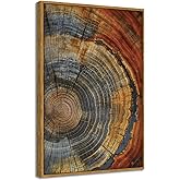 BingruiArt Large Framed Tree Ring Canvas Wall Art Red and Gold Abstract Wood Wall Decor Boho Modern Colorful Nature Prints Pictures for Living Room Bedroom Bathroom 24"x36" Natural Framed(03)