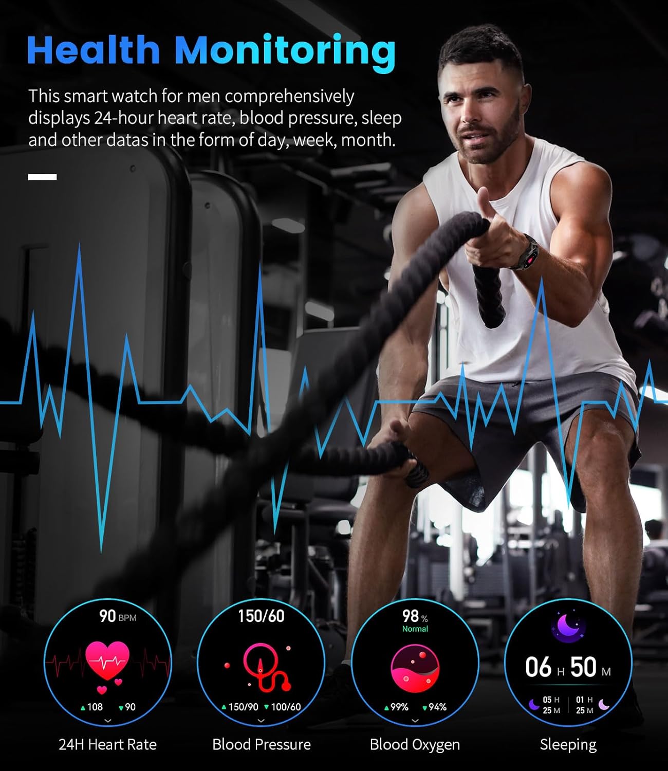 FOXBOX Smart Watch K-52 health monitoring features including heart rate, blood pressure, blood oxygen, and sleep tracking