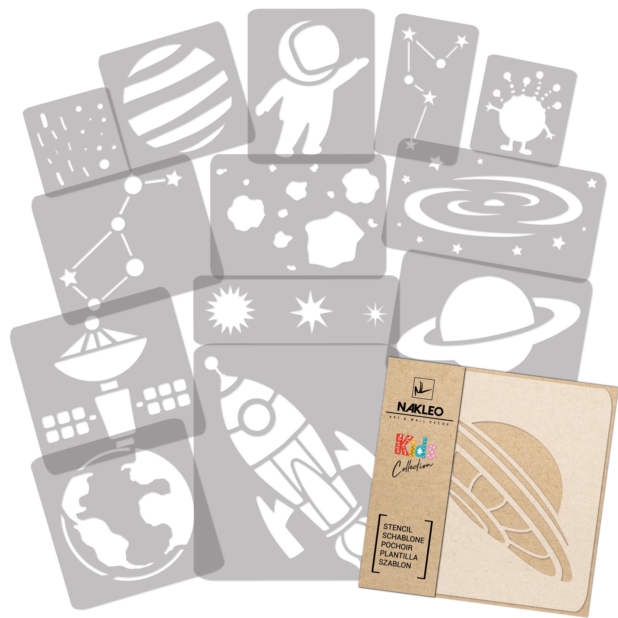 NAKLEO Painting Stencils Set for Nursery Room, 14 Pcs Templates 9x12 to 23x34cm Space Universe, Plastic and Reusable Drawing Stencils, Decor, Craft DIY Wall Furniture — image 1