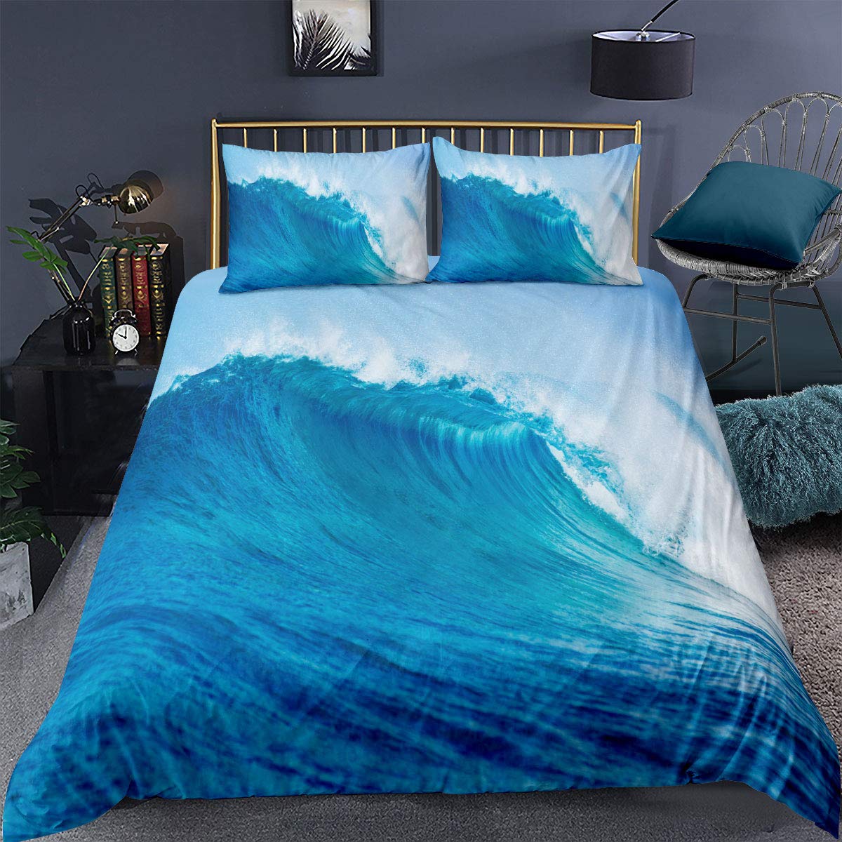 Loussiesd Blue Ocean Comforter Cover Single Size Beach Bedding Set Wave Decorative 2 Pieces Sea Storm Duvet Cover Set Surfing Picture Bedspread Cover with 1 Pillowcase Zipper White Blue — image 1