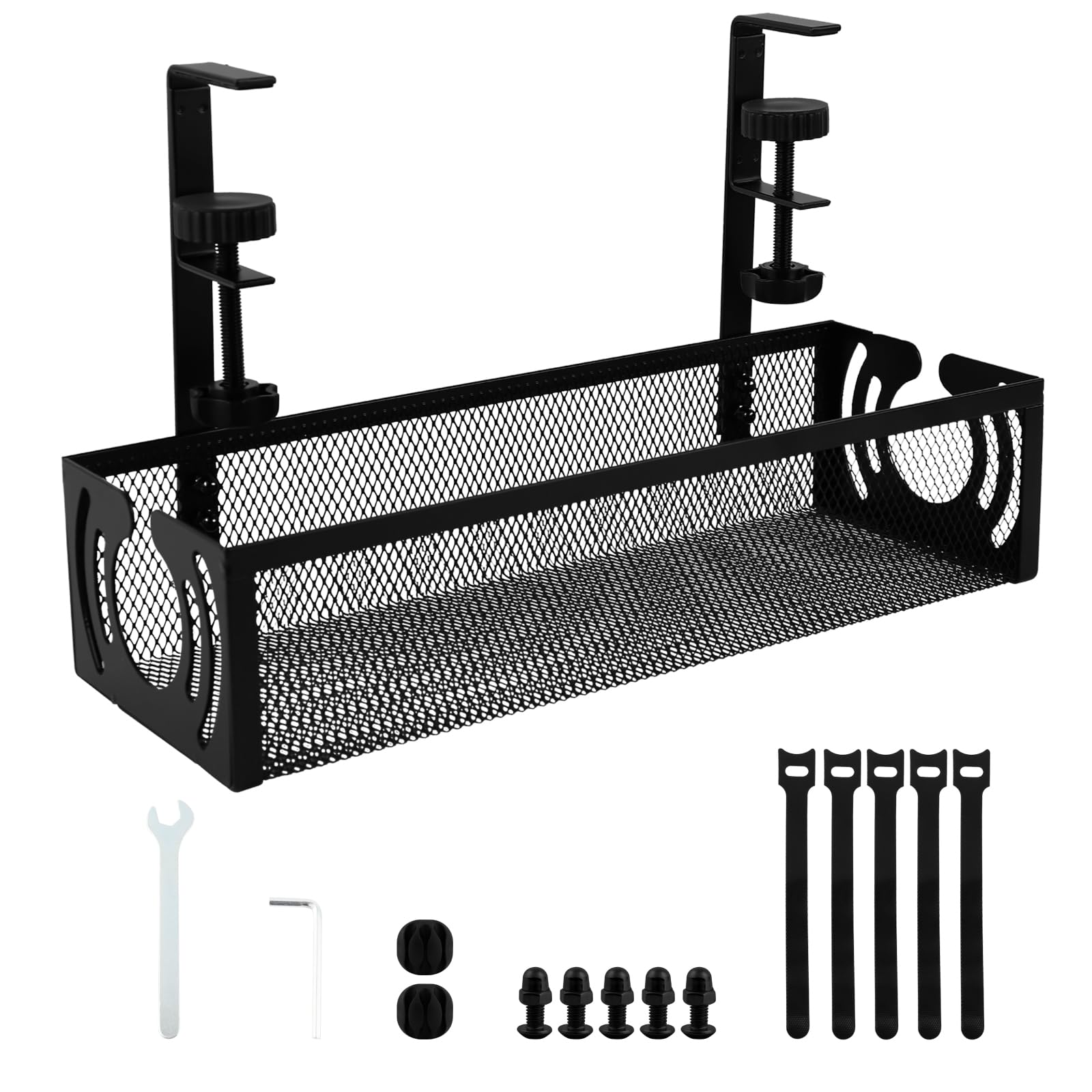 Mecmbj Under Desk Cable Management Tray, No Drill, Metal Mesh Cable Management Under Desk with Clamp Mount, Table Wire Tidy Tray, Cord Organizer for Office, Home(Black 2, 34 x 12 x 8 cm)