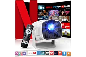 GAIMOO [NetfIix Official/Stereo Speakers] 4K Projector with Wifi and Bluetooth, 1080P Native Mini Projector Portable, One-Click Use Built-in NetfIix/YouTube/PrimeVideo/D+, Smart Home Outdoor Projector-White