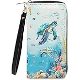 Sea Turtle Wallets for Women - Slim PU Leather Womens Wallet with Cash Zipper Coin Purse, Small Credit Card Holder Travel Wallet, Wristlet Wallets for Ladies Teen Girls Purse (Ocean Lovers Gift)