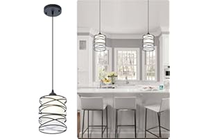 FISGONI Modern Mini Pendant Light Fixture Kitchen Island Pendant Lighting 6.30''Matte Black Spiral Cage and Handblown Frosted Haze Glass Shade Hanging Lamp Adjustable Cord for Christmas Gift,Dining Room