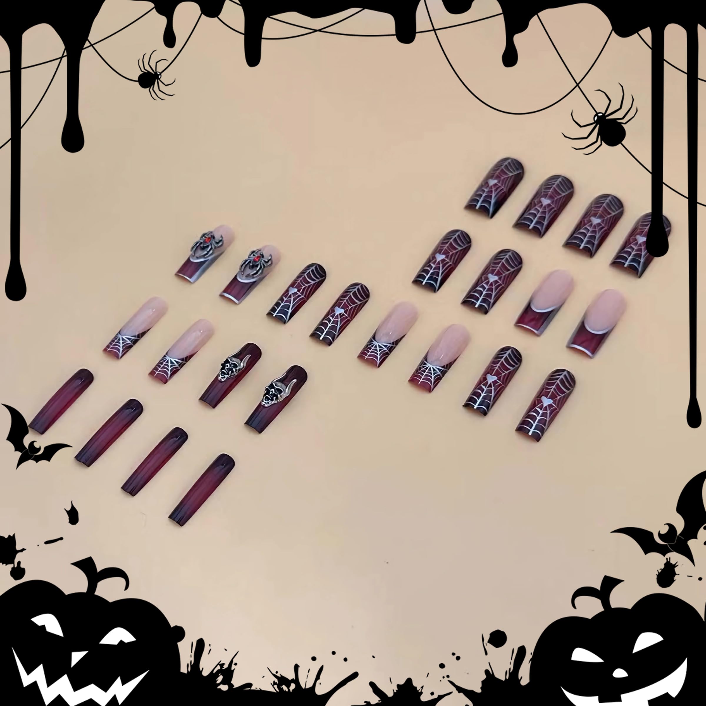 BABALAL Press on Nails Long Square Fake Nails Dark Black Red Glue ons Nails Metallic Spider Skull Charm Design Halloween Acrylic Nails 24Pcs Luxury Goth Squoval False Nails - Image 3